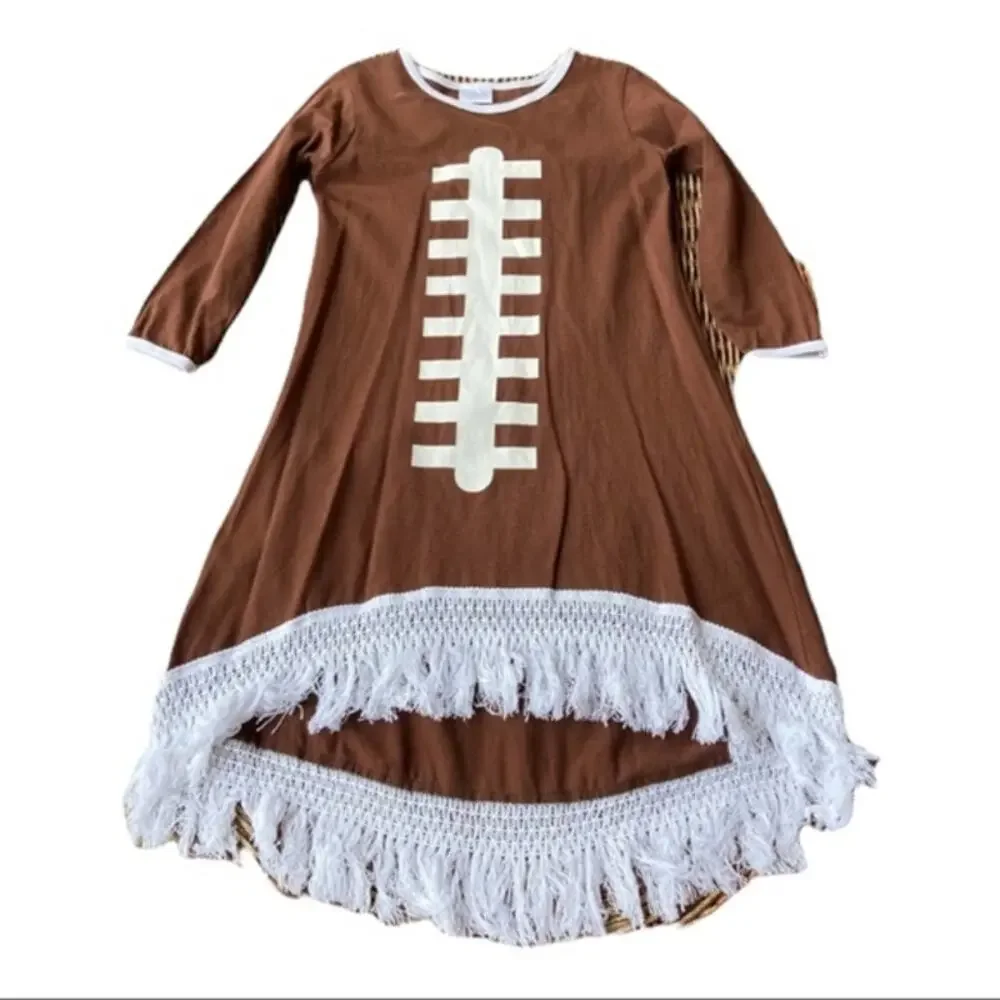 Girls Football Print Fringe Dress Size L 4 5 Season‎ Tailgate Party Brown White